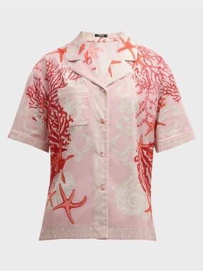 Versace Pink and Red Coral Motif Button-Up Shirt
